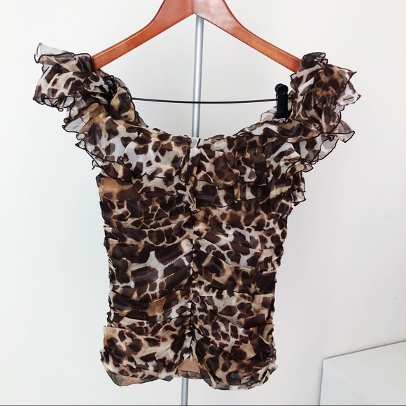 NWOT Leopard Print Sleeveless Ruched Ruffle Blouse - Picture 2 of 2